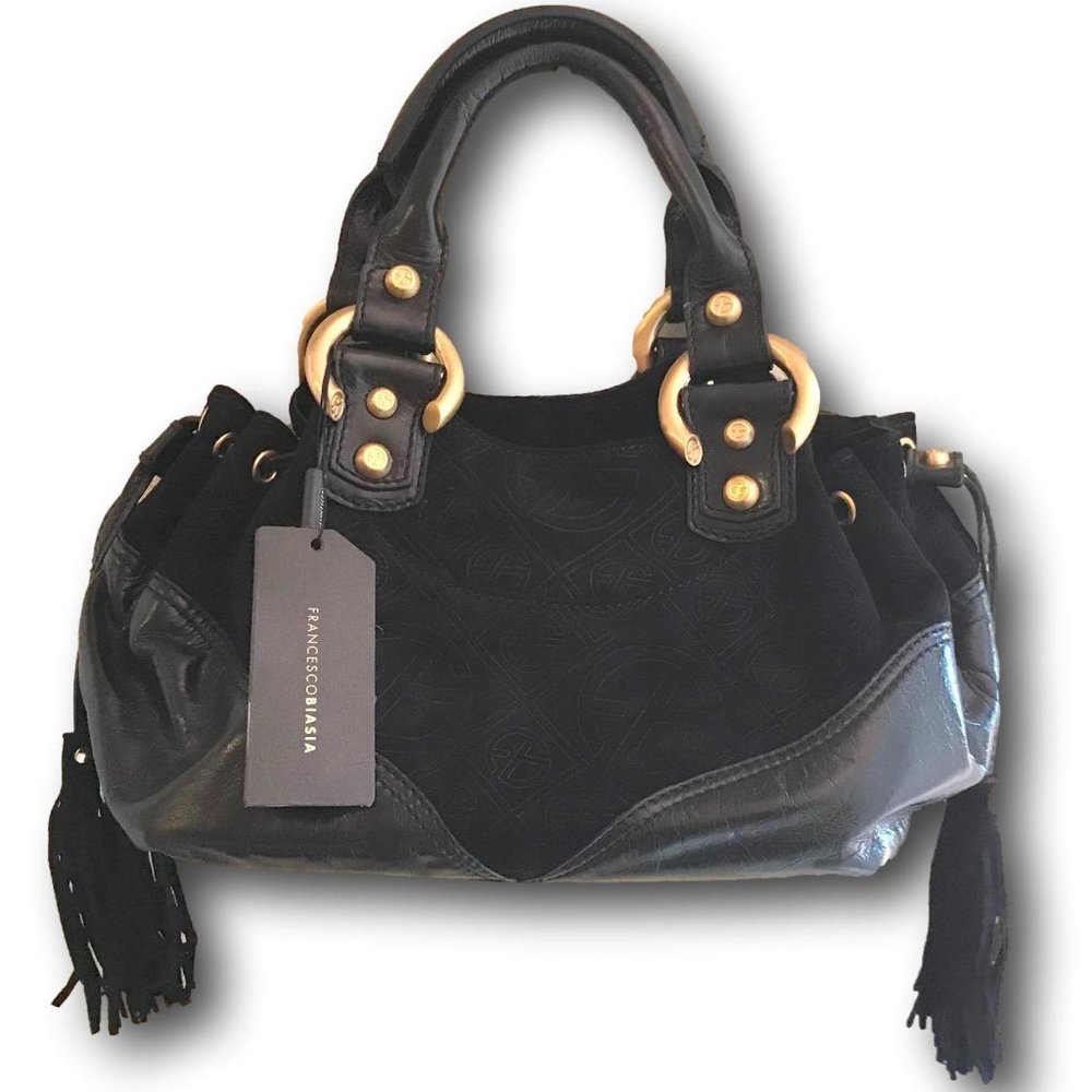 Francesca Biasia Italy Black Leather/Suede Baguette Handbag, Tassels, New Tags